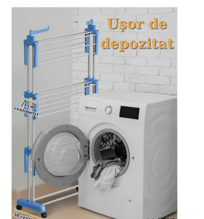 Uscator Vertical pentru Rufe Haine Mobil si Pliabil pentru Spatii Mici, Suport Umerase  Inaltime 170cm Albastru