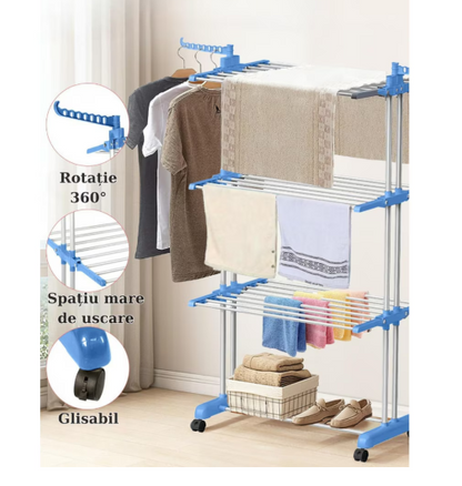 Uscator Vertical pentru Rufe Haine Mobil si Pliabil pentru Spatii Mici, Suport Umerase  Inaltime 170cm Albastru