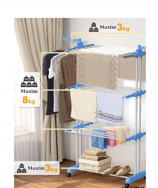 Uscator Vertical pentru Rufe Haine Mobil si Pliabil pentru Spatii Mici, Suport Umerase  Inaltime 170cm Albastru