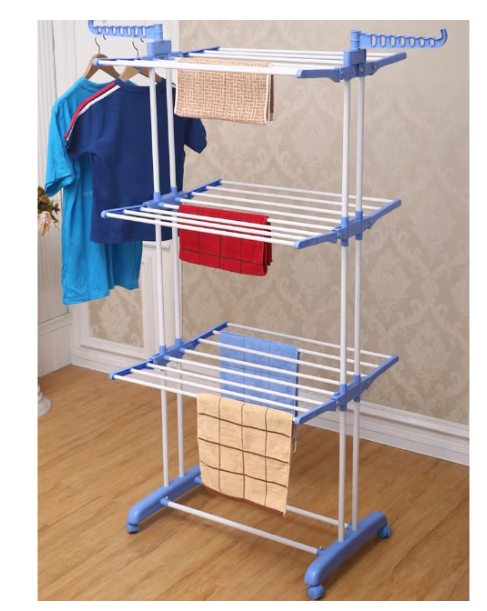 Uscator Vertical pentru Rufe Haine Mobil si Pliabil pentru Spatii Mici, Suport Umerase  Inaltime 170cm Albastru