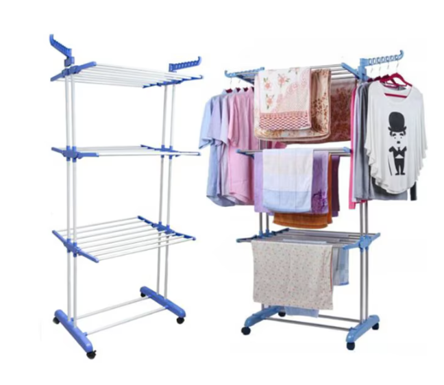 Uscator Vertical pentru Rufe Haine Mobil si Pliabil pentru Spatii Mici, Suport Umerase  Inaltime 170cm Albastru