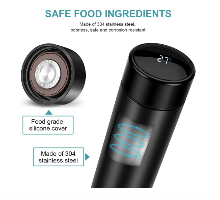 Termos smart cu afisaj led , afisarea temperaturii, pastreaza bautura fierbinte sau rece timp de 12 ore, otel inoxidabil, capacitate 500 ml Negru