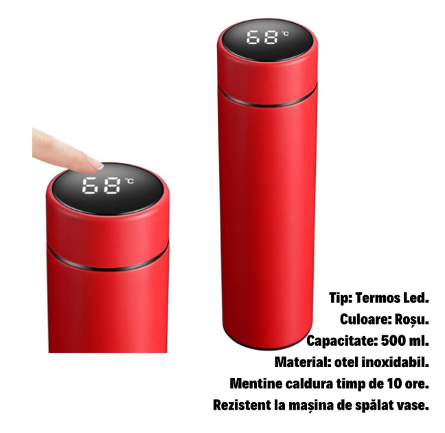 Termos smart cu afisaj LED , Afisarea Temperaturii, Pastreaza Bautura Fierbinte sau Rece timp de 12 ore, Otel Inoxidabil, Capacitate 500 ml