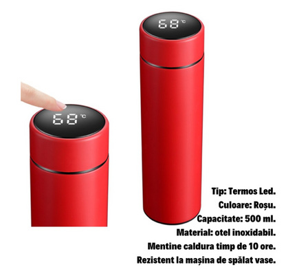 Termos smart cu afisaj LED , Afisarea Temperaturii, Pastreaza Bautura Fierbinte sau Rece timp de 12 ore, Otel Inoxidabil, Capacitate 500 ml