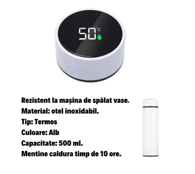 Termos smart cu afisaj LED , Afisarea Temperaturii, Pastreaza Bautura Fierbinte sau Rece timp de 12 ore, Otel Inoxidabil, Capacitate 500 ml alb
