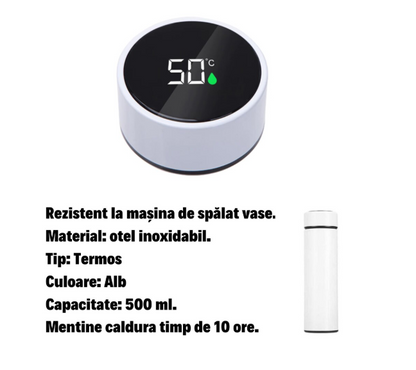 Termos smart cu afisaj LED , Afisarea Temperaturii, Pastreaza Bautura Fierbinte sau Rece timp de 12 ore, Otel Inoxidabil, Capacitate 500 ml alb
