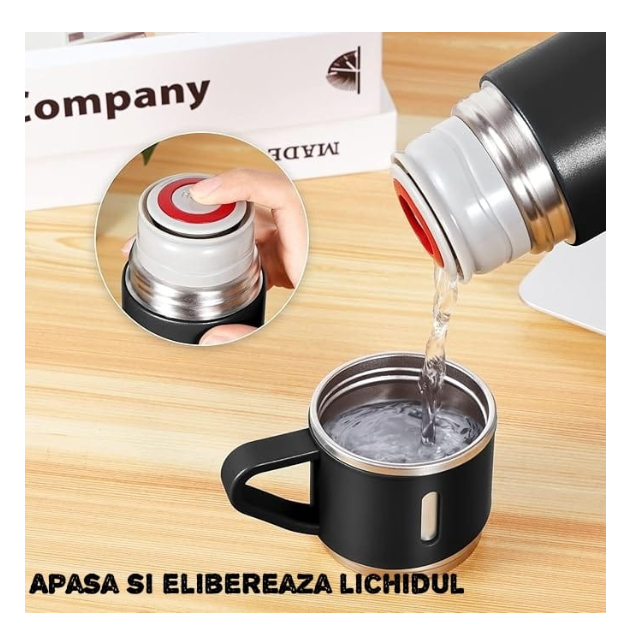 Set termos cu 3 cesti DIGIMAT®, calitate garantata,  inchidere ermetica, fara scurgeri, Otel inoxidabil, ambalaj premium, special pentru birou, natura, drumetii, picnic sau intr-o calatorie cu masina, 500 ML, Negru