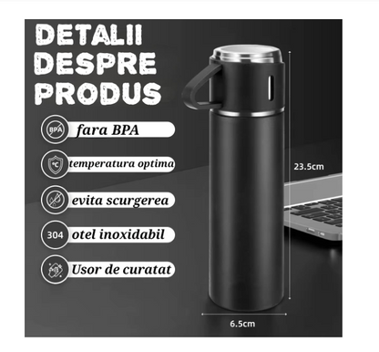 Set termos cu 3 cesti DIGIMAT®, calitate garantata,  inchidere ermetica, fara scurgeri, Otel inoxidabil, ambalaj premium, special pentru birou, natura, drumetii, picnic sau intr-o calatorie cu masina, 500 ML, Negru