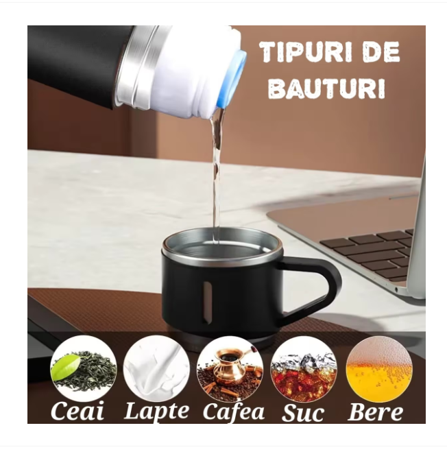 Set termos cu 3 cesti DIGIMAT®, calitate garantata,  inchidere ermetica, fara scurgeri, Otel inoxidabil, ambalaj premium, special pentru birou, natura, drumetii, picnic sau intr-o calatorie cu masina, 500 ML, Negru