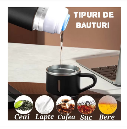 Set termos cu 3 cesti DIGIMAT®, calitate garantata,  inchidere ermetica, fara scurgeri, Otel inoxidabil, ambalaj premium, special pentru birou, natura, drumetii, picnic sau intr-o calatorie cu masina, 500 ML, Negru