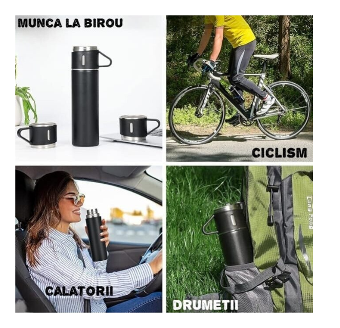 Set termos cu 3 cesti DIGIMAT®, calitate garantata,  inchidere ermetica, fara scurgeri, Otel inoxidabil, ambalaj premium, special pentru birou, natura, drumetii, picnic sau intr-o calatorie cu masina, 500 ML, Negru