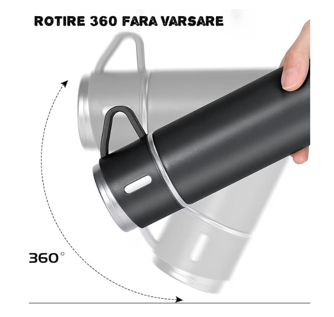 Set termos cu 3 cesti DIGIMAT®, calitate garantata,  inchidere ermetica, fara scurgeri, Otel inoxidabil, ambalaj premium, special pentru birou, natura, drumetii, picnic sau intr-o calatorie cu masina, 500 ML, Negru