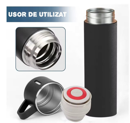 Set termos cu 3 cesti DIGIMAT®, calitate garantata,  inchidere ermetica, fara scurgeri, Otel inoxidabil, ambalaj premium, special pentru birou, natura, drumetii, picnic sau intr-o calatorie cu masina, 500 ML, Negru