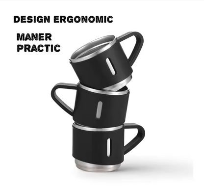 Set termos cu 3 cesti DIGIMAT®, calitate garantata,  inchidere ermetica, fara scurgeri, Otel inoxidabil, ambalaj premium, special pentru birou, natura, drumetii, picnic sau intr-o calatorie cu masina, 500 ML, Negru