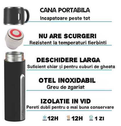 Set termos cu 3 cesti DIGIMAT®, calitate garantata,  inchidere ermetica, fara scurgeri, Otel inoxidabil, ambalaj premium, special pentru birou, natura, drumetii, picnic sau intr-o calatorie cu masina, 500 ML, Negru