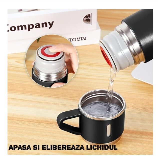 Set termos cu 3 cesti DIGIMAT®, calitate garantata,  inchidere ermetica, fara scurgeri, Otel inoxidabil, ambalaj premium, special pentru birou, natura, drumetii, picnic sau intr-o calatorie cu masina, 500 ML, Negru