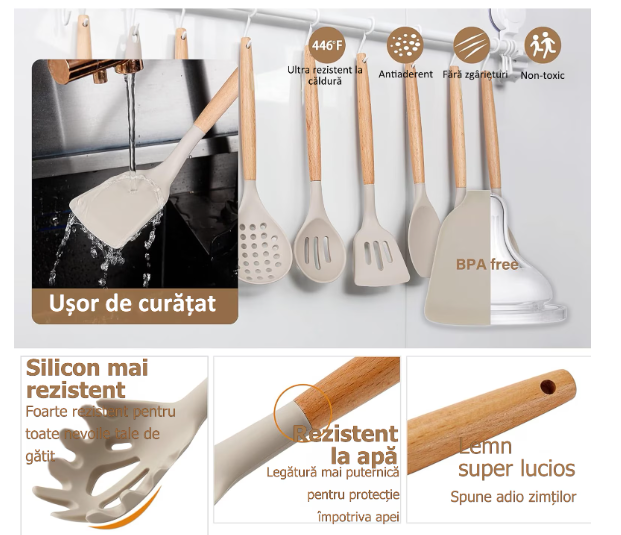 Set 12 ustensile bucatarie, Lemn/Silicon, Suport inox, Antiaderente, Termorezistente bej