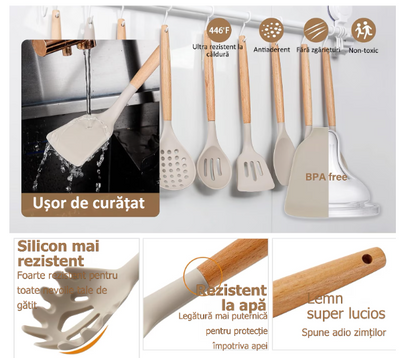 Set 12 ustensile bucatarie, Lemn/Silicon, Suport inox, Antiaderente, Termorezistente bej