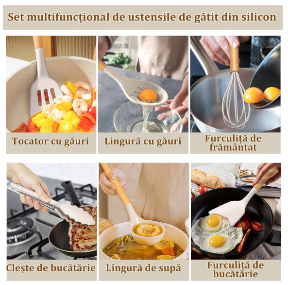 Set 12 ustensile bucatarie, Lemn/Silicon, Suport inox, Antiaderente, Termorezistente bej