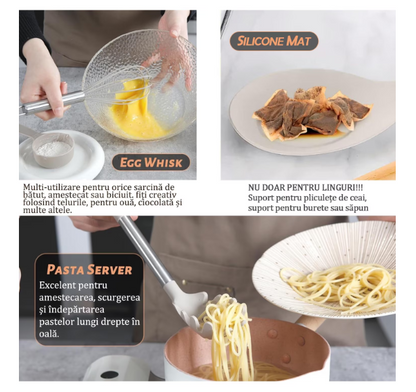 Set 12 ustensile bucatarie, Lemn/Silicon, Suport inox, Antiaderente, Termorezistente bej