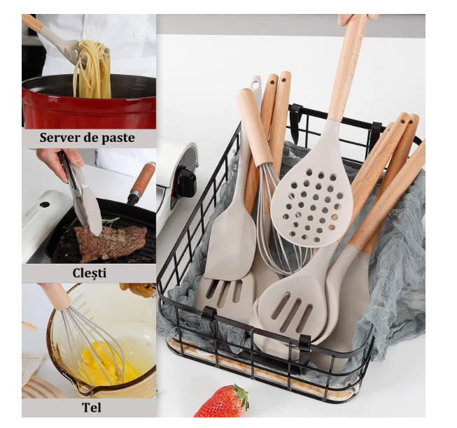 Set 12 ustensile bucatarie, Lemn/Silicon, Suport inox, Antiaderente, Termorezistente bej