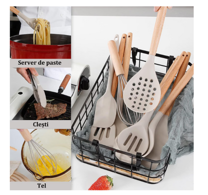 Set 12 ustensile bucatarie, Lemn/Silicon, Suport inox, Antiaderente, Termorezistente bej