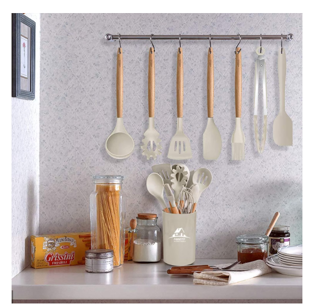 Set 12 ustensile bucatarie, Lemn/Silicon, Suport inox, Antiaderente, Termorezistente bej