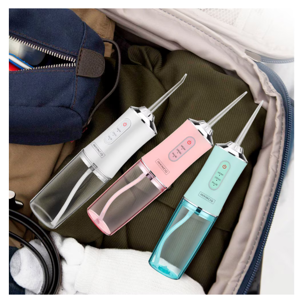 Irigator oral Portabil PPS Pulse pentru dus bucal,  Capete Curatare Anti-Tartru, Rezervor 200 ml, Roz Pastel, verde si alb