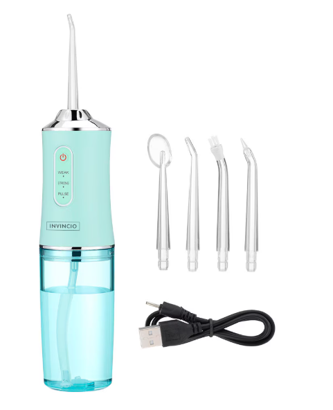 Irigator oral Portabil PPS Pulse pentru dus bucal,  Capete Curatare Anti-Tartru, Rezervor 200 ml, Roz Pastel, verde si alb