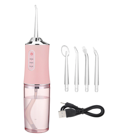 Irigator oral Portabil PPS Pulse pentru dus bucal,  Capete Curatare Anti-Tartru, Rezervor 200 ml, Roz Pastel, verde si alb