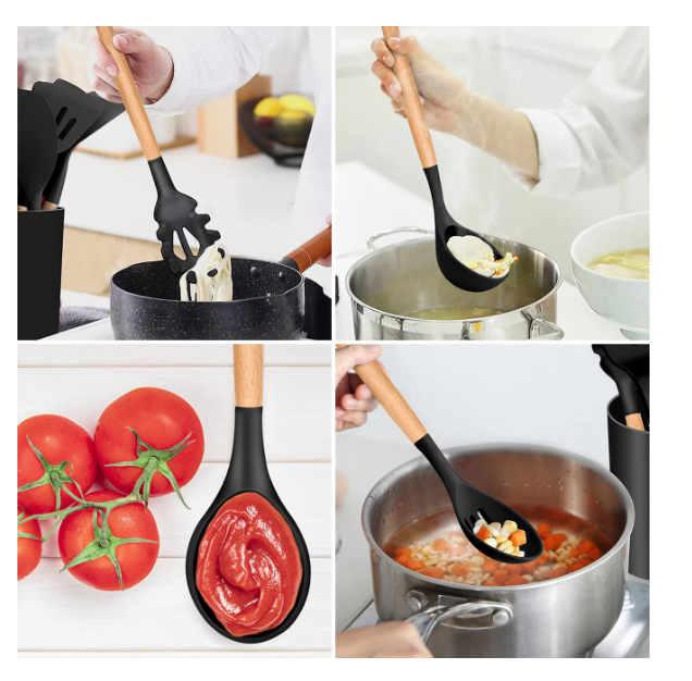 Set 12 ustensile bucatarie, Lemn/Silicon, Suport inox, Antiaderente, Termorezistente, Negru