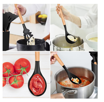 Set 12 ustensile bucatarie, Lemn/Silicon, Suport inox, Antiaderente, Termorezistente, Negru