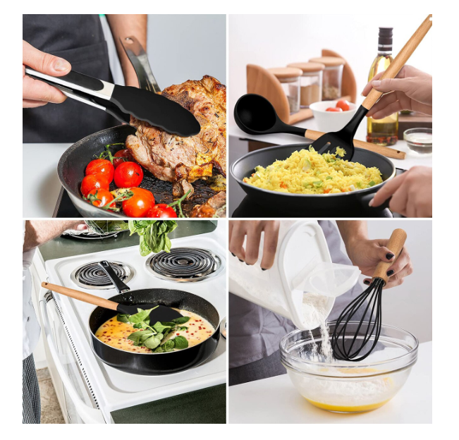 Set 12 ustensile bucatarie, Lemn/Silicon, Suport inox, Antiaderente, Termorezistente, Negru