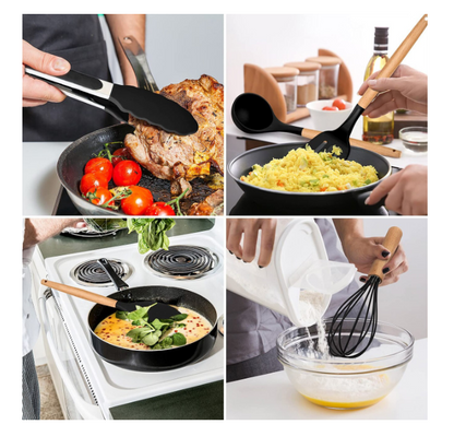 Set 12 ustensile bucatarie, Lemn/Silicon, Suport inox, Antiaderente, Termorezistente, Negru