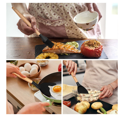 Set 12 ustensile bucatarie, Lemn/Silicon, Suport inox, Antiaderente, Termorezistente, Negru