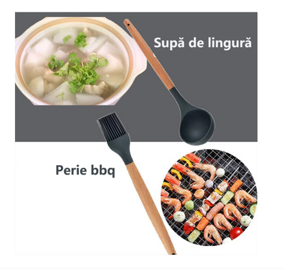 Set 12 ustensile bucatarie, Lemn/Silicon, Suport inox, Antiaderente, Termorezistente, Negru