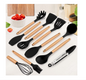 Set 12 ustensile bucatarie, Lemn/Silicon, Suport inox, Antiaderente, Termorezistente, Negru