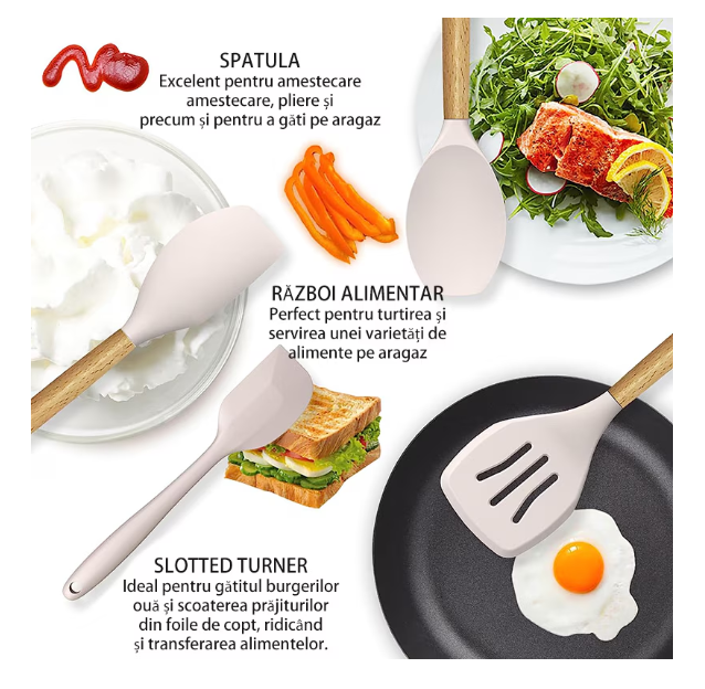 Set 12 ustensile bucatarie, Lemn/Silicon, Suport inox, Antiaderente, Termorezistente bej