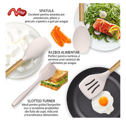 Set 12 ustensile bucatarie, Lemn/Silicon, Suport inox, Antiaderente, Termorezistente bej