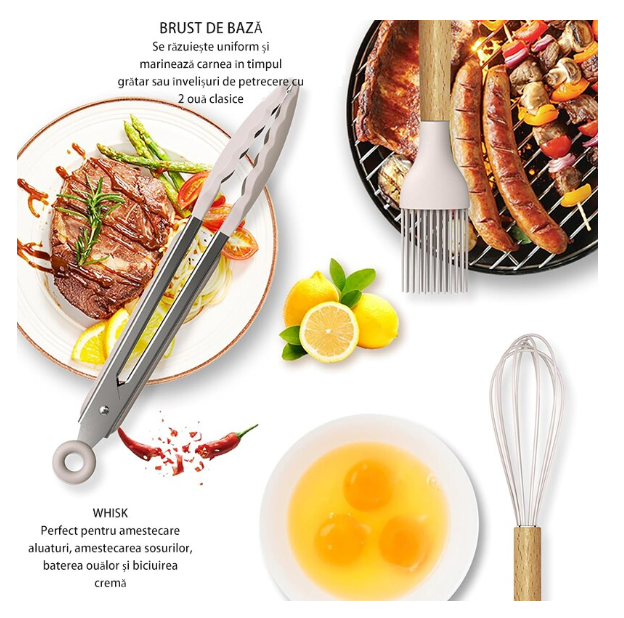 Set 12 ustensile bucatarie, Lemn/Silicon, Suport inox, Antiaderente, Termorezistente bej