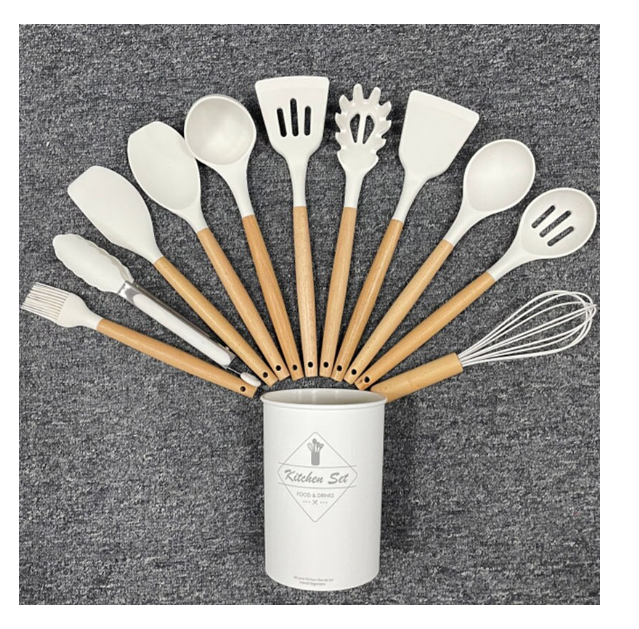 Set 12 ustensile bucatarie, Lemn/Silicon, Suport inox, Antiaderente, Termorezistente bej