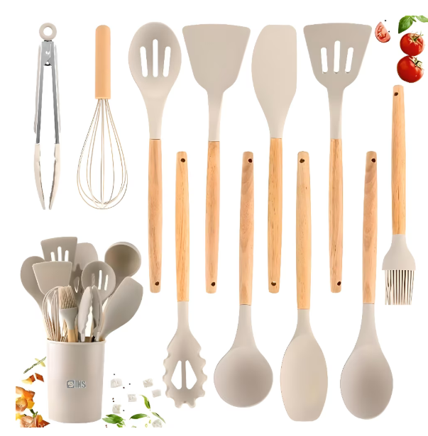 Set 12 ustensile bucatarie, Lemn/Silicon, Suport inox, Antiaderente, Termorezistente bej