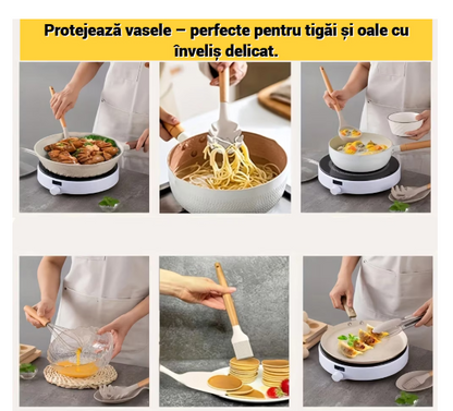 Set 12 ustensile bucatarie, Lemn/Silicon, Suport inox, Antiaderente, Termorezistente bej