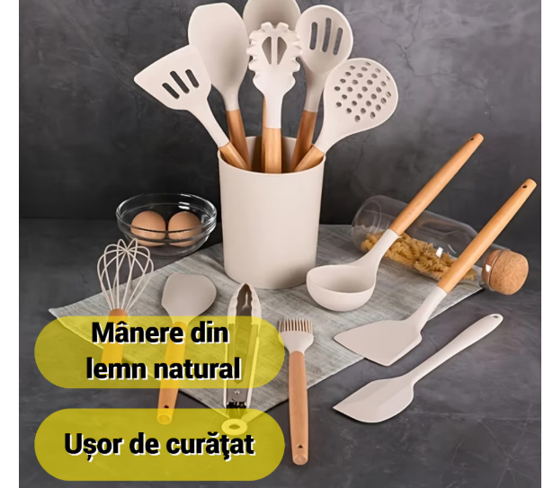 Set 12 ustensile bucatarie, Lemn/Silicon, Suport inox, Antiaderente, Termorezistente bej