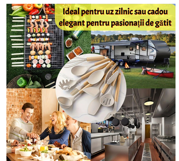 Set 12 ustensile bucatarie, Lemn/Silicon, Suport inox, Antiaderente, Termorezistente bej