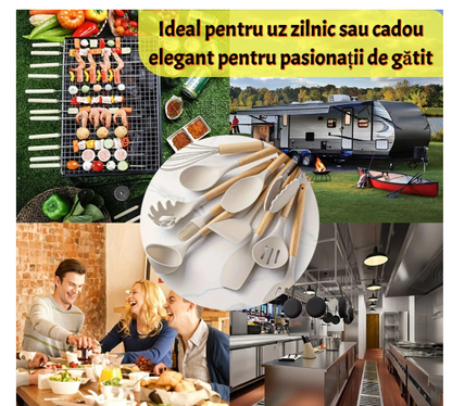 Set 12 ustensile bucatarie, Lemn/Silicon, Suport inox, Antiaderente, Termorezistente bej