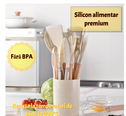 Set 12 ustensile bucatarie, Lemn/Silicon, Suport inox, Antiaderente, Termorezistente bej